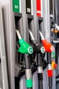 Colorful Petrol pump filling nozzles , Gas station in a service Royalty Free Stock Photo