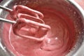 Selective focus picture of cake dough mixer machine or whipping machine with red velvet cake dough