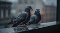 selective focus of pigeons on a ledge of a building in a city on a rainy day with blurred background - pigeon plague in our cities