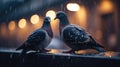 selective focus of pigeons on a ledge of a building in a city on a rainy day with blurred background