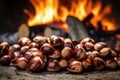 Selective Focus On Pile Of Roasted Chestnuts. Generative AI