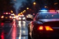 Selective focus on police car lights in a city at night with bokeh effect Royalty Free Stock Photo