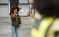 Selective focus, portrait happy little boy wearing casual check shirt, using walkie talkie, playing in factory with fun, dreaming