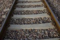 Selective focus on RAILWAY TRACK WITH STONES for transportation. Train track. Royalty Free Stock Photo