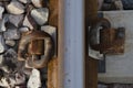 SELECTIVE FOCUS ON RAILWAY TRACK SWIVEL AND GARTOR FOR TRANSPORTATION. Royalty Free Stock Photo