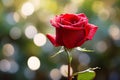 Selective focus on a red rose bud petal with vibrant bokeh, Valentines theme