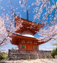 Selective focus of red shrine behide cherry blossom in full bloom.