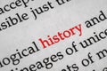 Selective focus on the red word history. Macro shot printed red colour word History on a piece of paper Royalty Free Stock Photo