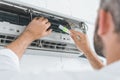 selective focus of repairman cleaning air conditioner