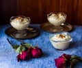 Selective focus on rice kheer,payasam,payesh or badam khir.Served in vintage silver plate on Durga Puja,Diwali