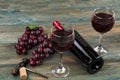 Selective focus of rim of wine glass with bottle, grapes and vintage corkscrew on faded blue wood planks in background Royalty Free Stock Photo