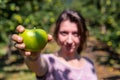 Happy woman in You pick apple orchard Royalty Free Stock Photo