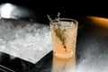 Selective focus on rosemary branch which garnished glass of cold cocktail