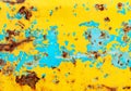 Selective focus rusty metal plate or old metal, Yellow and blue steel metal rust texture for background or backdrop. Royalty Free Stock Photo