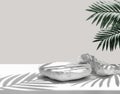 Selective focus.sandstone top product display platform in tropical design with shadow palm leaf on pastel wall background
