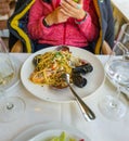 Selective focus of seafood pasta, mediterranean food