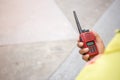 Selective focus of the Security guard uses radio communication for facilitate traffic. Traffic Officers use radio communication to