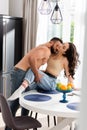 Focus of shirtless man kissing passionate