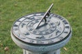 Selective focus shot of an antique sundial in a field