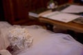 Selective focus shot of a beautiful bride holding a bouquet Royalty Free Stock Photo