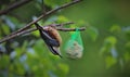 Selective focus shot of a bird feeding from a hanging fat ball on a tree Royalty Free Stock Photo