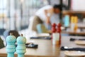 Selective focus shot of blue caps for salt & pepper mill on a table Royalty Free Stock Photo