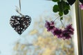 Selective focus shot of Bougainvillea flowers and a heart shape decoration hanging on the window Royalty Free Stock Photo