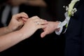 Selective focus shot of the bride and groom's hand exchanging rings on their wedding day Royalty Free Stock Photo