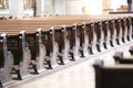 Selective focus shot of church benches