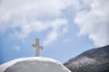 Selective focus shot of a cross on Aghios Ioannis Theologos Monastery, Amorgos island, Greece