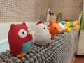 Selective focus shot of cute various rubber bath toys in the bathroom