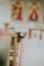 Selective focus shot of the decorated church for a wedding ceremony