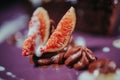 Selective focus shot of a delicious chocolate cake with mousse and fig slices Royalty Free Stock Photo