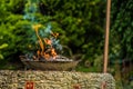 Selective focus shot of dry plants burning in a bowl in a garden