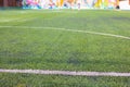 Selective focus shot of greeny grass or lawn of soccer field in summer time shows concept of sport and recreation activity and Royalty Free Stock Photo