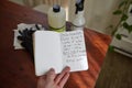 Selective focus shot of a hand holding cleaning concentrate handwritten recipe