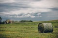 Selective focus shot of hay pile in farm field and a tractor on the background under cloudy sky Royalty Free Stock Photo