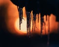 Selective focus shot of icicles hanging from a rock against a beautiful orange sunset