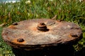 Selective focus shot of an old rusty anti-tank mine under the sunlight among the greenery