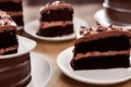 Selective focus shot of pieces of Chocolate cake on white plates Royalty Free Stock Photo