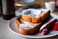 Selective focus shot of plate of french toast with strawberries and powdered sugar Royalty Free Stock Photo