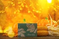 Selective focus shot of pumpkins, corns, autumn leaves and a note - Thanksgiving concept