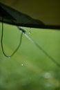 Selective focus shot of a raindrop falling from a tent