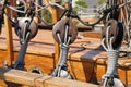 Selective focus shot of ropes for securing the sails of a sailboat Royalty Free Stock Photo