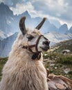 Selective focus shot of a white llama with blurred mountains in the background Royalty Free Stock Photo