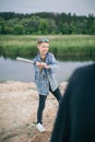 selective focus of smiling boy playing baseball Royalty Free Stock Photo