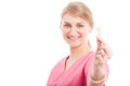 Selective focus of smiling pediatrician lady showing number one