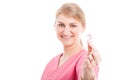 Selective focus of smiling pediatrician lady showing number two