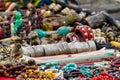 Selective focus. Some souvenirs on the street market stall near Bodnath stupa, Kathmandu, Nepal