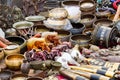 Selective focus. Some souvenirs on the street market stall near Bodnath stupa, Kathmandu, Nepal